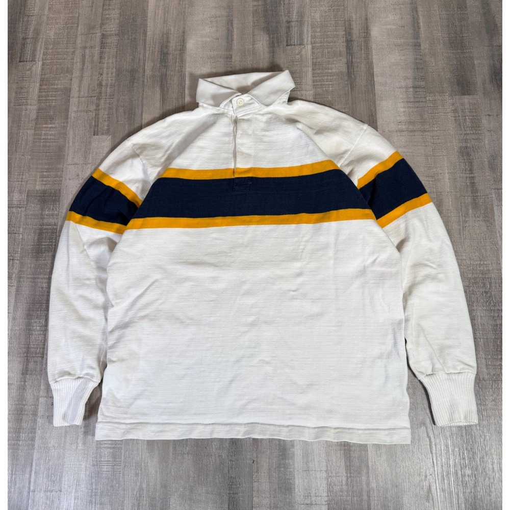 Hardin Knitwear Mens XL Long Sleeve Rugby Shirt White Navy Yellow Stripe Vintage